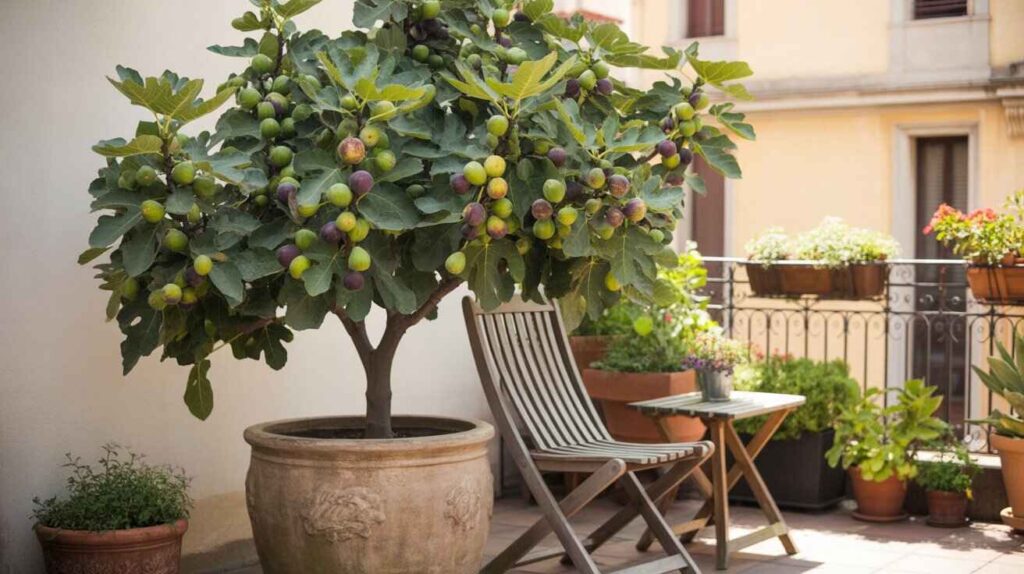A healthy fig tree in a large terracotta pot on a sunny patio, with lush green leaves and ripening figs in shades of green and purple, beside a wooden deck chair and other potted plants.