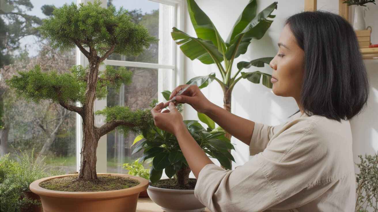A realistic educational scene showing different trees being trained as bonsai: a hardy native bonsai like juniper or elm in a pot outdoors, and a tropical indoor bonsai like ficus on a sunny table. A gardener prunes and wires the trees, considering leaf size, growth rate, and health.