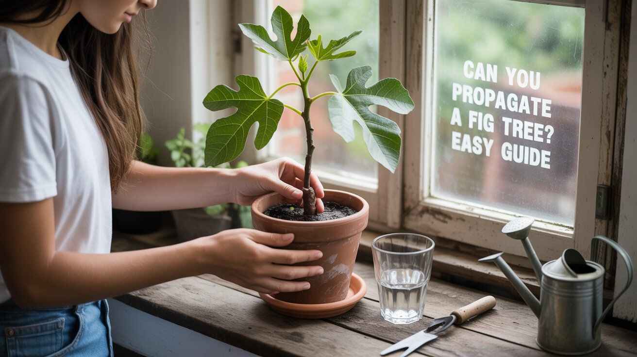 "Realistic gardening scene showing fig tree cuttings in pots ready for propagation, with a gardener preparing to plant them and mature fig trees in the background, illustrating an easy guide to propagating fig trees."