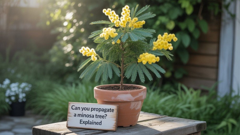 "Realistic gardening scene showing mimosa tree cuttings in pots for propagation, with a gardener preparing the cuttings and a mature mimosa tree in the background, illustrating how to propagate a mimosa tree."