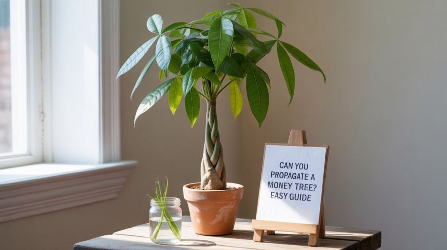 "Realistic indoor gardening scene showing money tree cuttings in pots and water jars ready for propagation, with a mature braided money tree in the background, illustrating an easy guide to propagating a money tree."