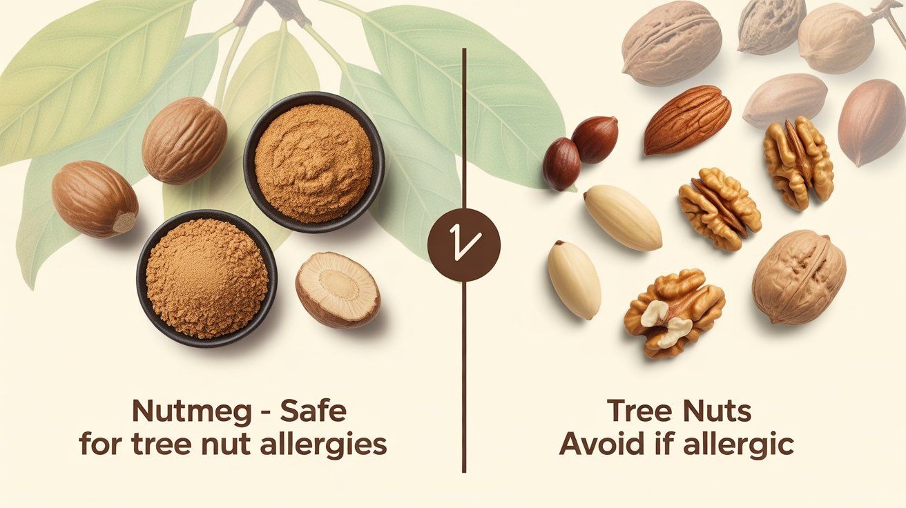 "Photorealistic image of whole nutmeg seeds, ground nutmeg powder, and a spice jar on a wooden kitchen surface under warm natural light, representing nutmeg as a seed rather than a tree nut for allergy awareness."