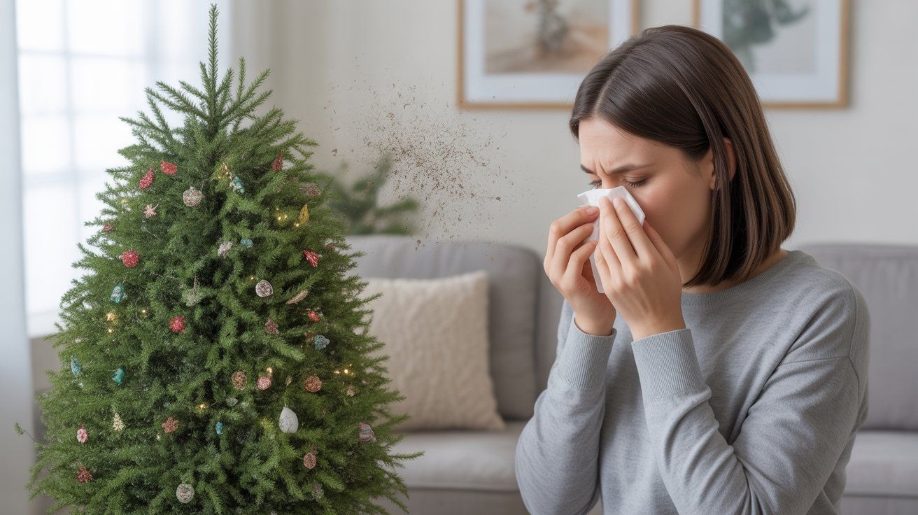 "Photorealistic image of a decorated Christmas tree in a living room with a person sneezing and watery eyes, tissues nearby, illustrating potential allergies to Christmas trees."