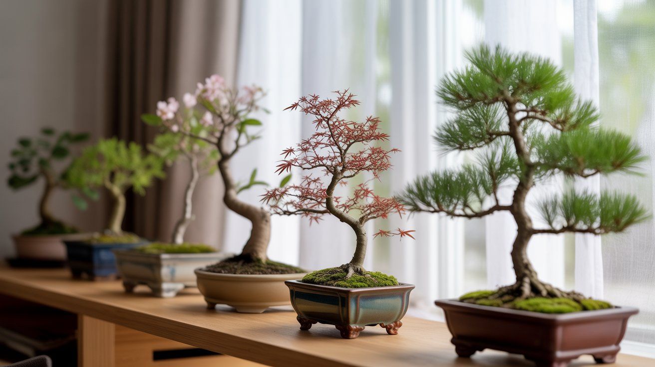 "Photorealistic indoor scene of ficus and jade bonsai trees on a wooden table near a sunlit window, with vibrant leaves, small decorative pots, and a cozy indoor setting, illustrating indoor bonsai care."