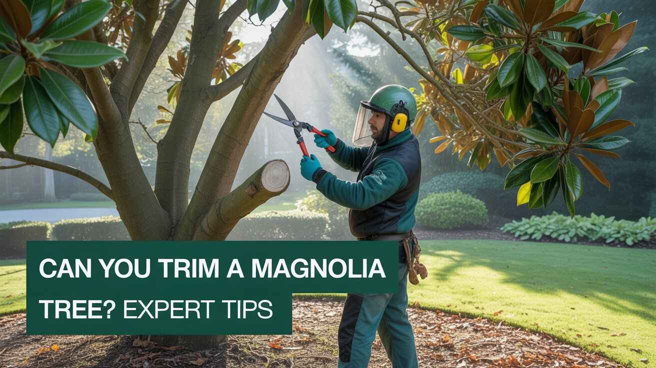 “An arborist carefully trimming a magnolia tree after blooming season, shaping branches to maintain health and natural form.”