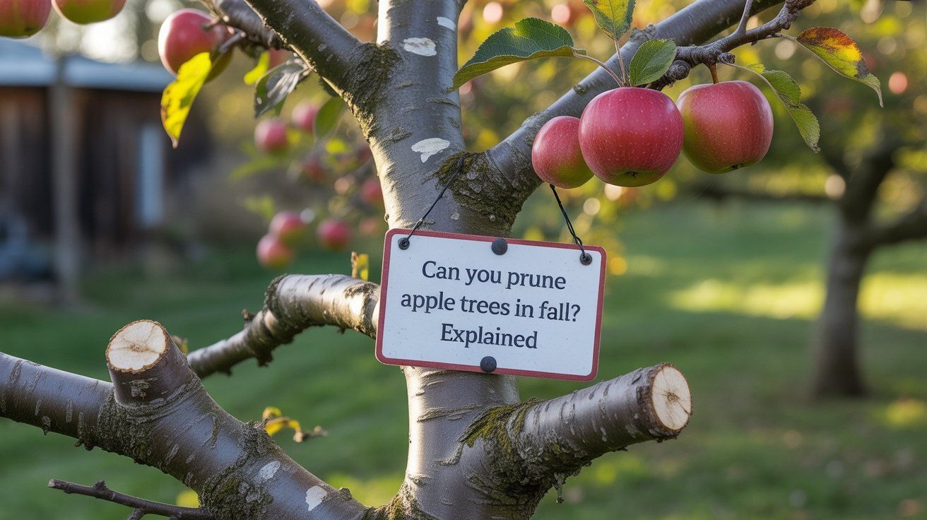 Gardener pruning an apple tree in a colorful fall orchard using pruning shears.