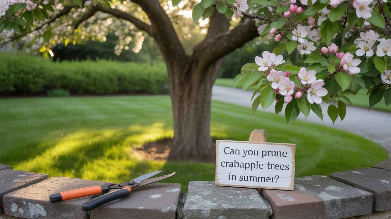 A gardener pruning a crabapple tree with green leaves and small red apples in summer sunlight.