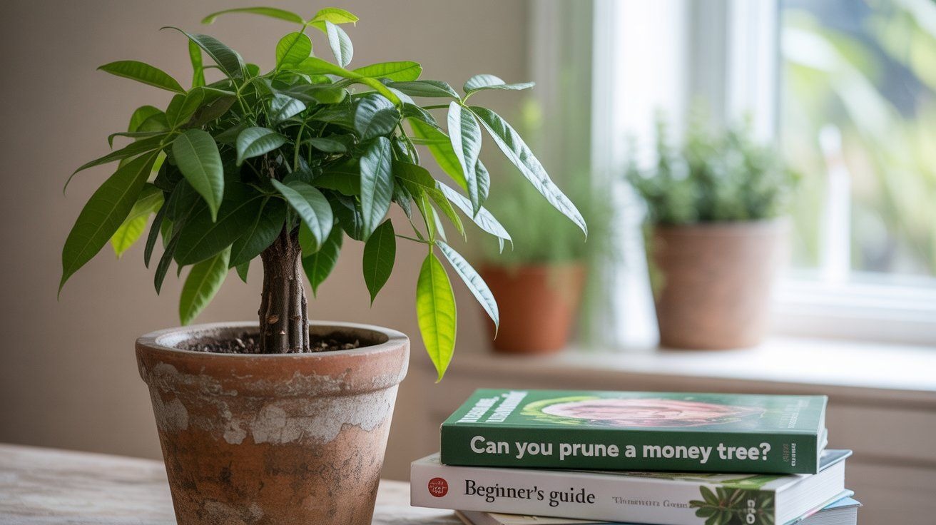 A beginner pruning a healthy money tree indoors with small shears near a sunny window.
