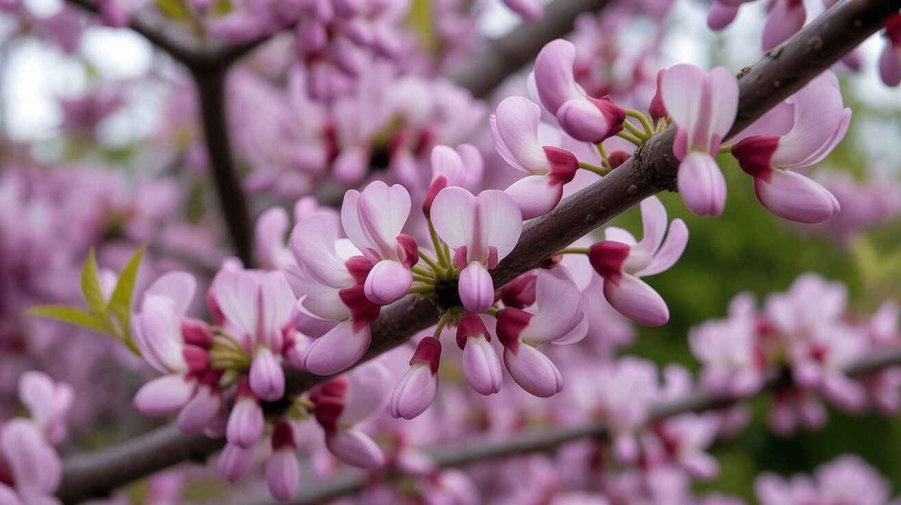 “A gardener carefully trimming a redbud tree in summer, removing dead and crossing branches while preserving flowering wood for future blooms.”