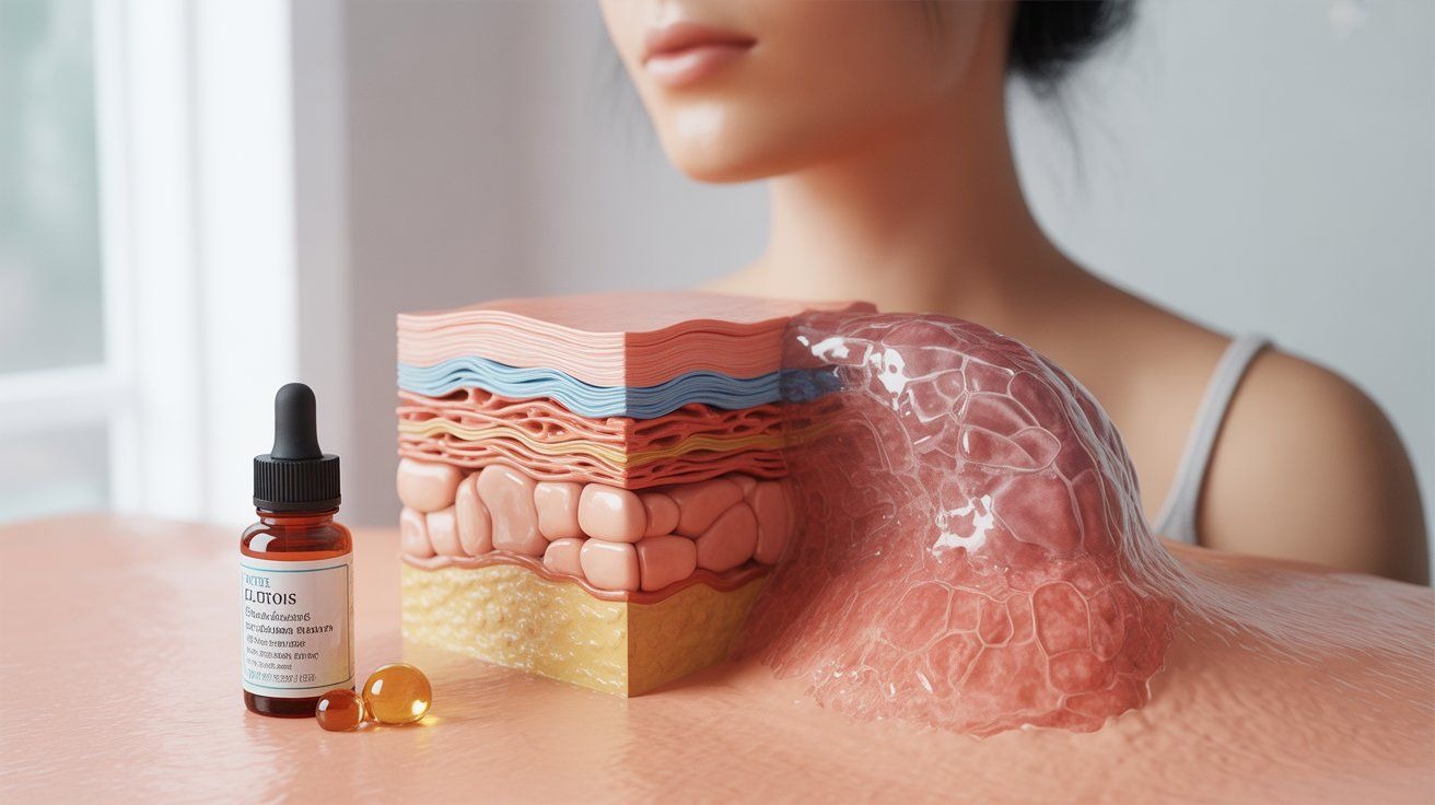 "Photorealistic image of a tea tree essential oil bottle with fresh tea tree leaves on a clean surface, under soft natural light, representing natural skincare and gentle treatment benefits."