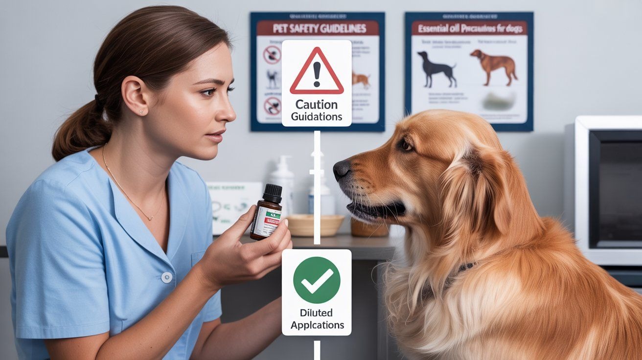 "Photorealistic image of a veterinarian and a dog owner discussing tea tree oil safety, with a dog and pet-safe alternatives like aloe vera, coconut oil, and shampoo nearby, representing safe essential oil use for pets."