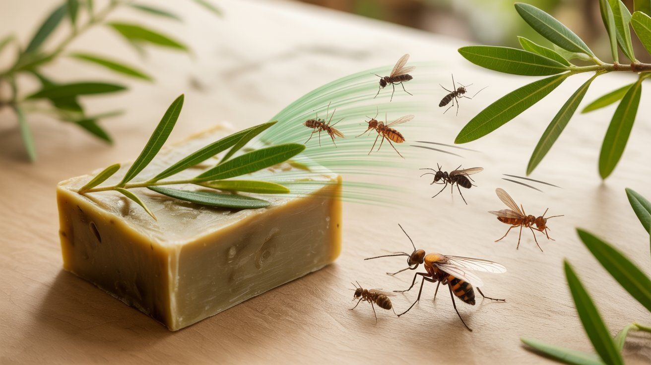 "Photorealistic image of tea tree oil soap with fresh tea tree leaves and an essential oil bottle, set on a wooden surface with soft sunlight and subtle insects in the background, representing its natural bug-repelling qualities."