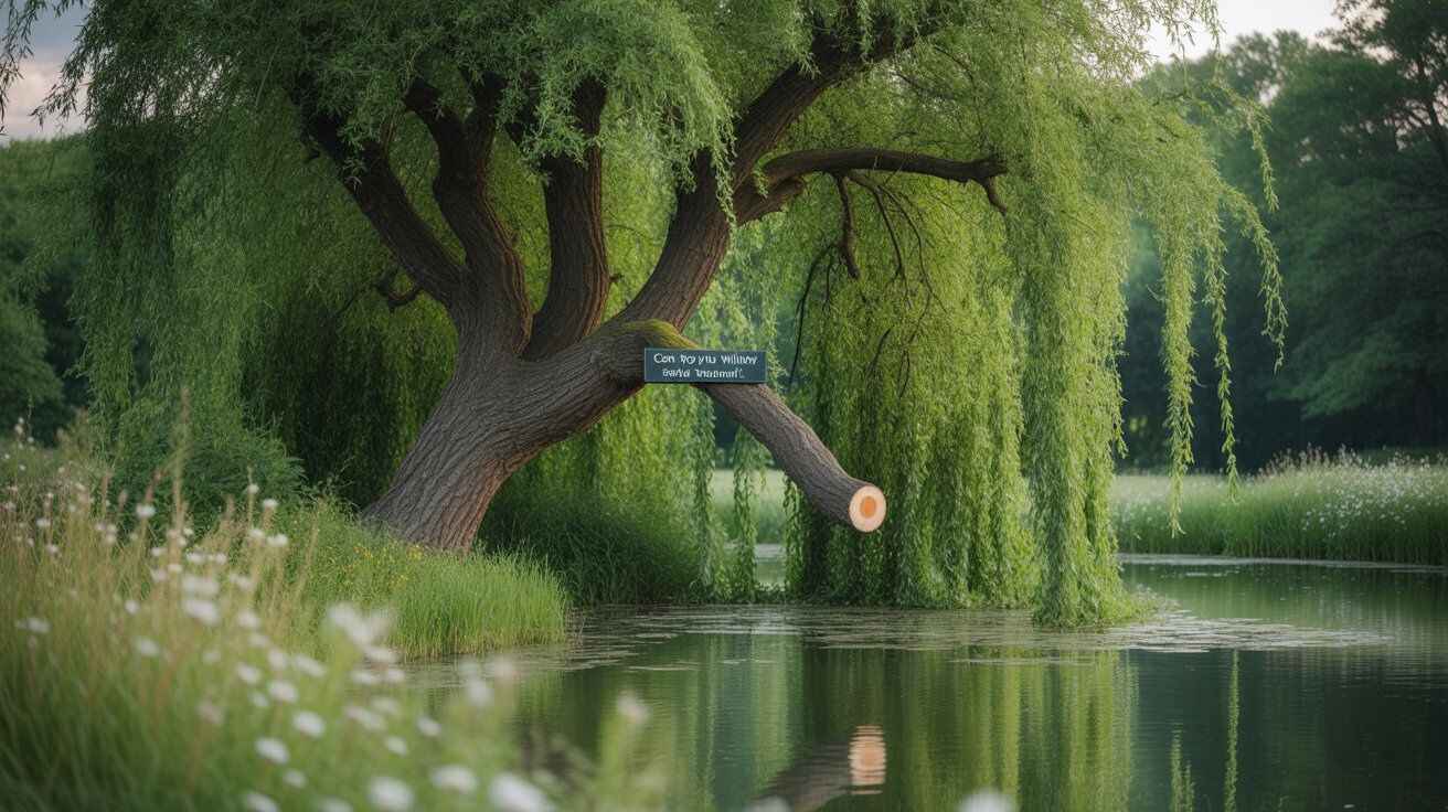 A gardener trimming a willow tree in summer using pruning shears under bright sunlight.