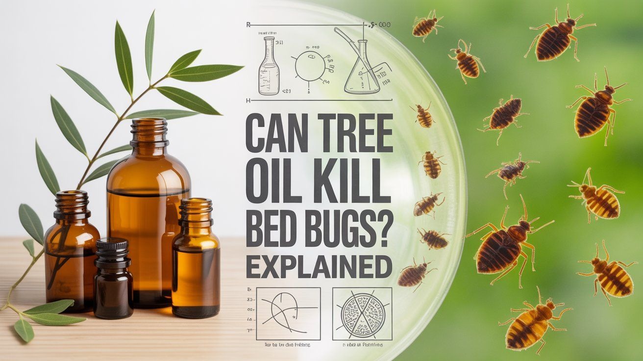 "Realistic image of tea tree oil spray being used on a mattress for natural bed bug treatment, with a close-up view of bed bugs on fabric."