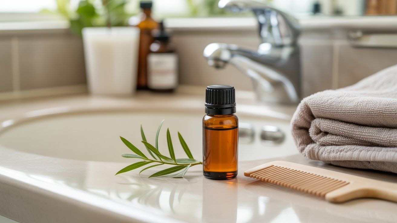 "Photorealistic image showing a bottle of tea tree oil, a lice comb, and tea tree leaves on a bathroom counter, representing natural treatment for head lice."