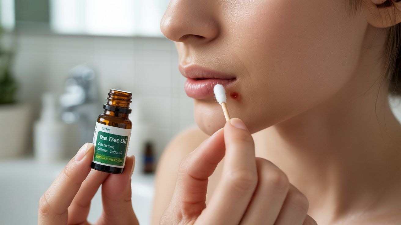 "Photorealistic close-up of a person carefully applying diluted tea tree oil with a cotton swab to a cold sore on the lip, showing natural treatment and safe skincare application."